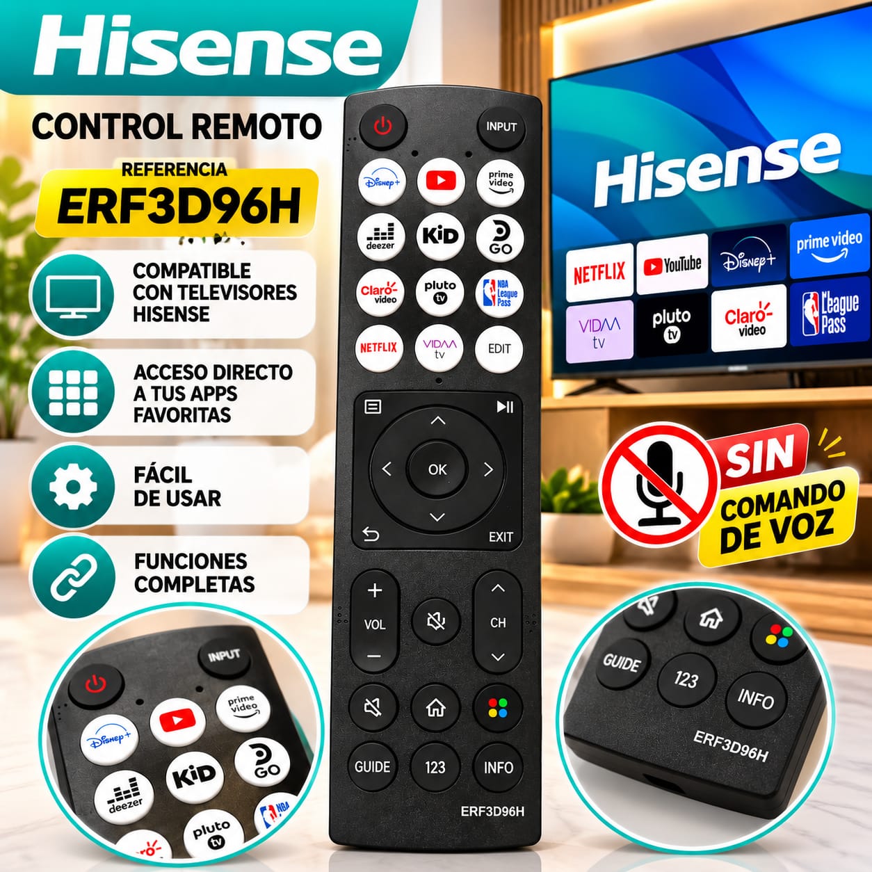 Control Remoto para TV Hisense ERF3D96H con Accesos Directos